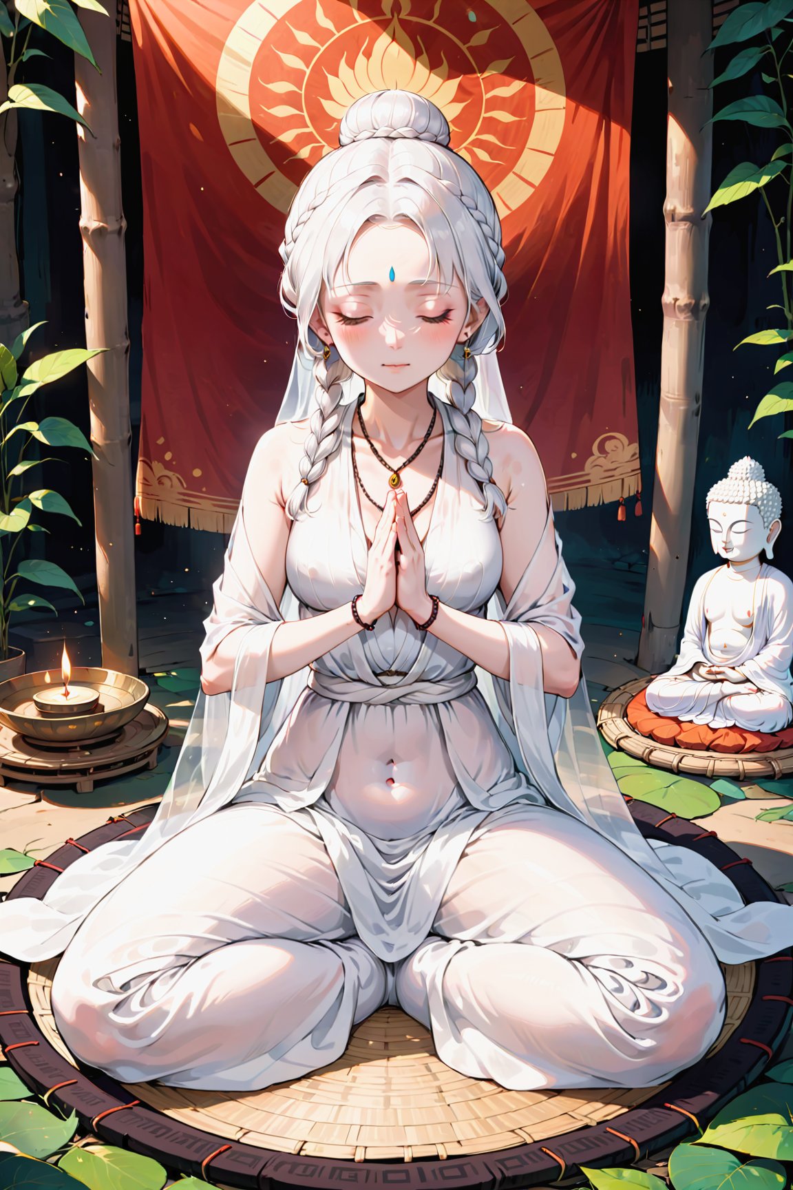 (1 female Bodhisattva:1.4) sitting on Round straw mat, (indian style:1.3), sitting in straw mat, (Round straw mat:1.3), (Meditation position:1.3), (Raise hands, crossed hands, Prayer position:1.3), dignified and beautiful, wearing (white silk Buddha clothes:1.3), (white silk:1.3),has (white hair:1.2), (bun:1.2), french braid,white transparent veil, futon, closed eyes, jewelry, necklace, (Buddha beads:1.2), (White cloth shoes), White socks, (eromanga:1.2), (megami:1.2)