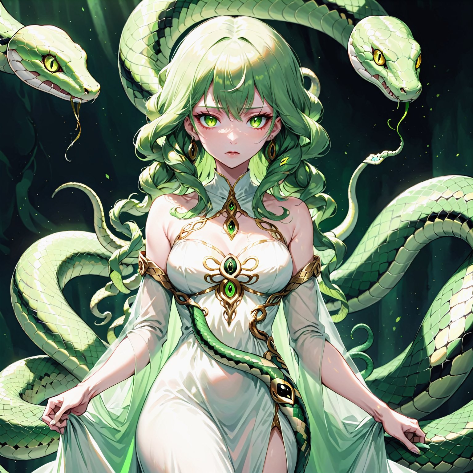 Medusa, snakes, snake hair, white gown, gold jewelry, light green skin, serpent eyes, forked tonuge, beautiful.


,Anime 