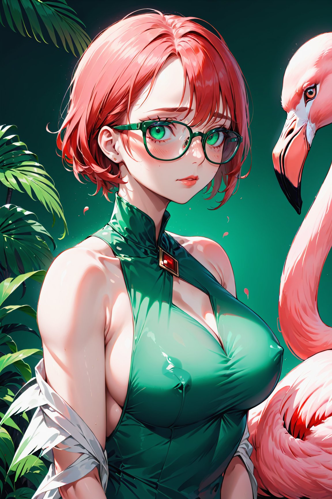 1 girl, emerald color eyes, wear red glasses, mature lady, big chest, flamingo in the back, copy character, change background, high_resolution, high_res, high details, High detailed, ,More Detail, EpicArt, fantasy00d, Detailedface