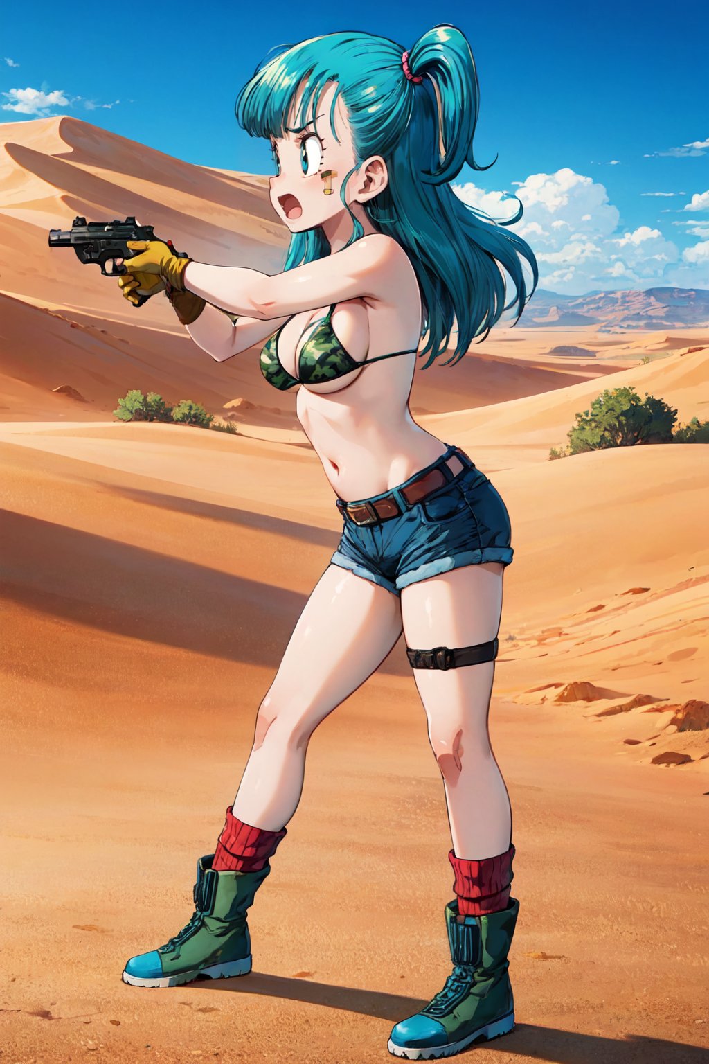 bulma \(dragonball\), 1girl, solo, long hair, breasts, open mouth, sand, gloves, navel, holding, cleavage, medium breasts, swimsuit, full body, weapon, bikini, boots, shorts, socks, belt, gun, short shorts, aqua hair, profile, one side up, blue background, denim, bandaid, bikini top only, handgun, desert, denim shorts, holster, green bikini, camouflage, from side, green footwear, red_legwear, aiming, thigh holster, serious, v-shaped eyebrows,<lora:bulmaDragonBall:0.7>