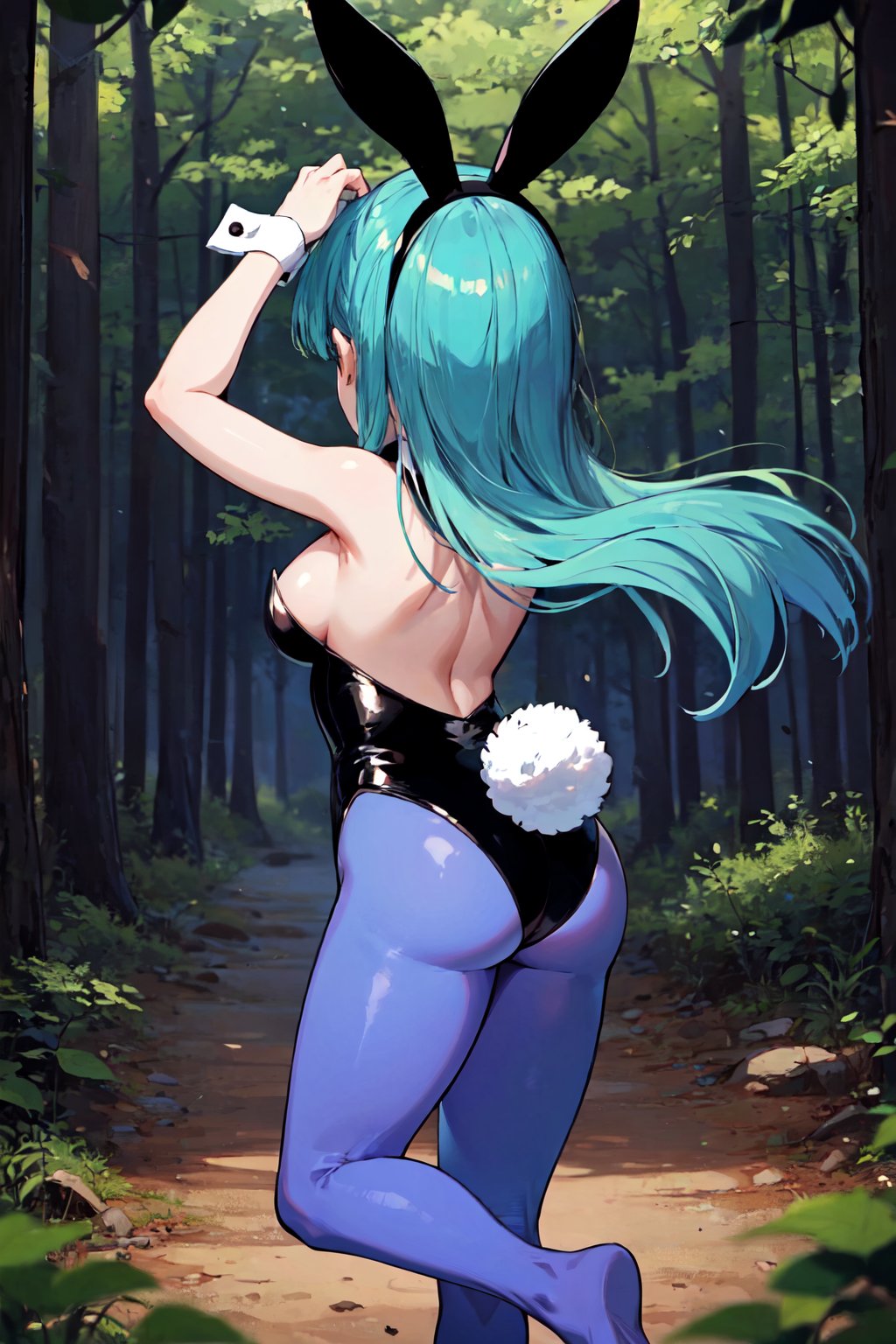 bulma \(dragonball\), 1girl, solo, long hair, breasts, forest, nature, animal ears, bare shoulders, medium breasts, purple_legwear, hand on head, arm up, full body,  sideboob, ass, blue pantyhose, barefoot, from behind, rabbit ears, leotard, aqua hair, fake animal ears, playboy bunny, rabbit_tail, ball, facing away, eyelashes, fake tail<lora:bulmaDragonBall:0.7>