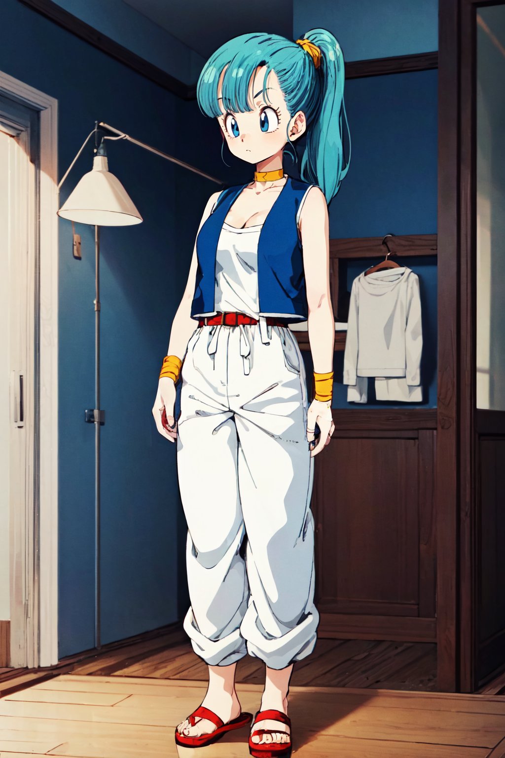 bulma \(dragonball\), 1girl, inside, solo, breasts, blue eyes, animal ears, cleavage, aqua hair, standing, full body, ponytail, choker, indoors chair, sandals, lamp, yellow wristband, yellow choker, white pants, white topwear, tube top, toenails, scrunchie, looking at feet, clothes grab, small_breasts, red footwear, red belt, raised eyebrows, vest over shirt, eyelashes, eyebrows, blue vest, baggy pants, arm at side, collarbone, expressionless<lora:bulmaDragonBall:0.7>