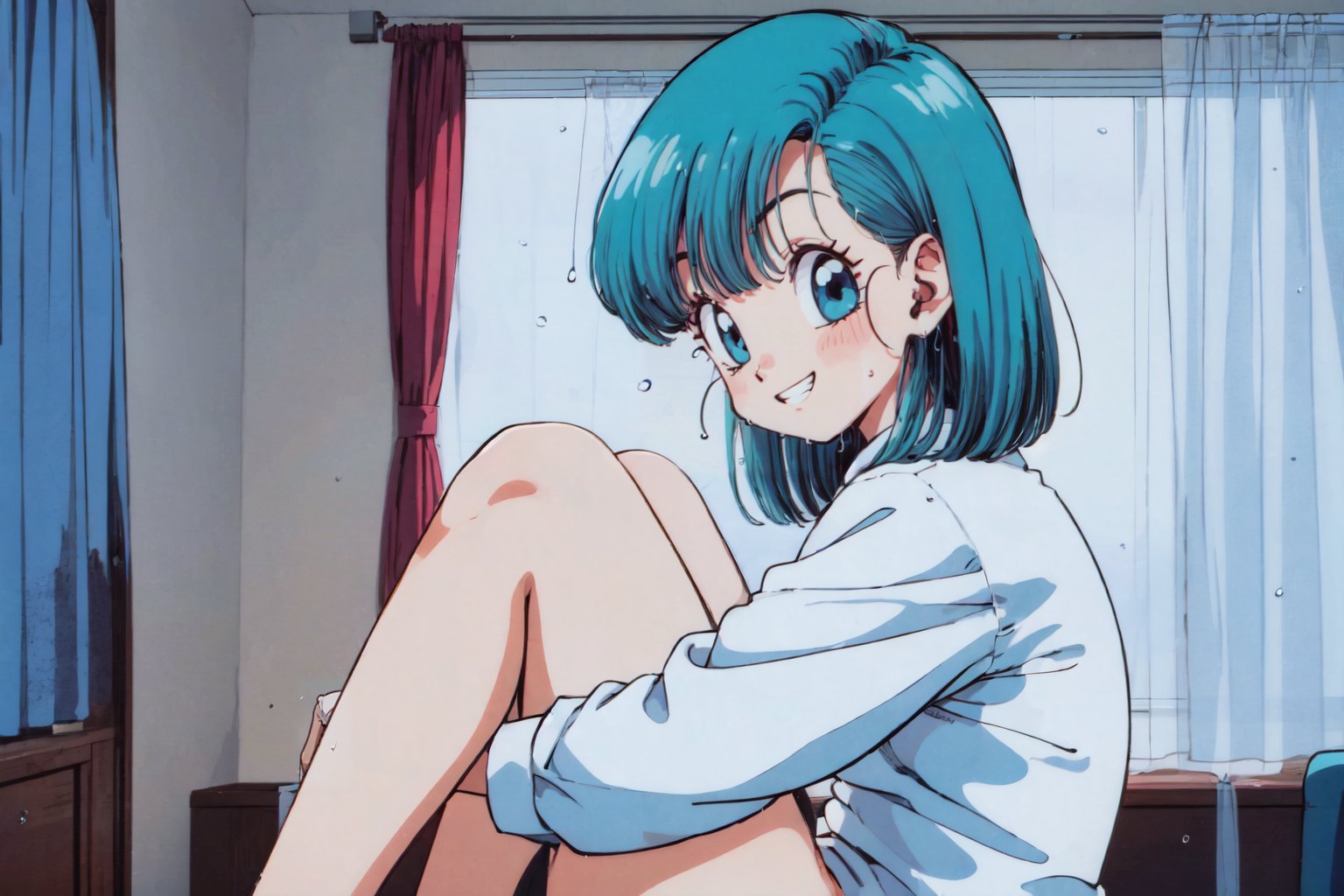 bulma \(dragonball\), hands on shin, looking_outside, 1girl, solo, smile, short hair, bangs, blue eyes, shirt, sitting, white shirt, parted lips, indoors, window, aqua hair, curtains, sleeves rolled up, rain, retro artstyle, 1990s \(style\), bottomless, from side, raised eyebrows, teeth, fringe_trim,<lora:bulmaDragonBall:0.7>