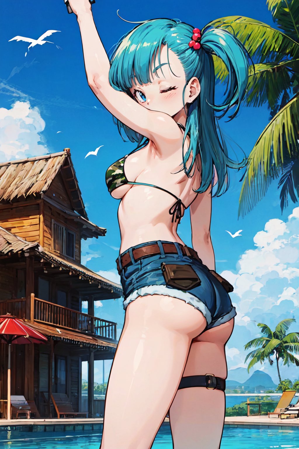 bulma \(dragonball\), 1girl, bikini, solo, long hair, breasts, looking at viewer, blue eyes, hair ornament, medium breasts, splashes, ass, outdoors, arm up, one eye closed, sky, shorts, day, belt, looking back, cloud, water, from behind, blue sky, pink house, fingernails, wind, leg pouch, holstered pistol, leg holster, short shorts, aqua hair, sideboob, thigh strap, bird, umbrella, one side up, denim, building, bikini top only, denim shorts, palm tree, camouflage, from below, looking to the side,<lora:bulmaDragonBall:0.7>