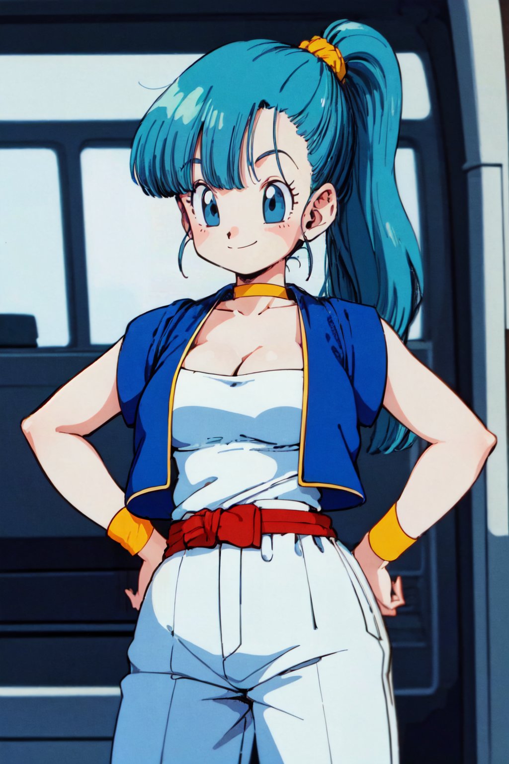 bulma \(dragonball\), 1girl, solo, breasts, smile, bangs, blue eyes, cleavage, aqua hair, standing, ponytail, cowboy shot, choker, vest, hand on hip, wristband, retro artstyle, blue vest, 1990s \(style\), baggy pants, arabian clothes, collarbone, fringe_trim, ground vehicle, scrunchie, looking ahead, hands on hips, red belt, white pants, white topwear, vest over shirt, yellow choker, yellow wristband, tube top, raised eyebrows, <lora:bulmaDragonBall:0.7>