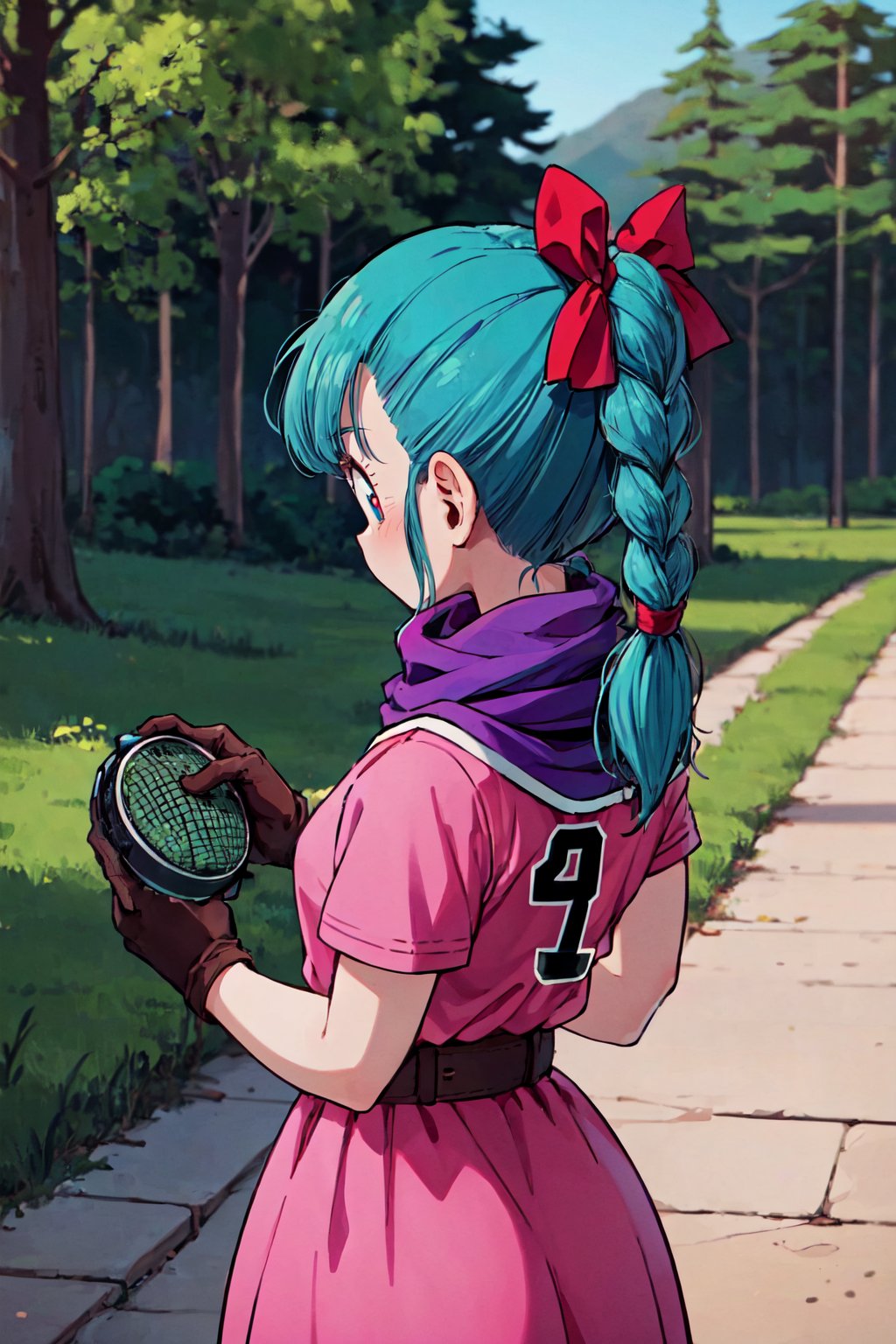 bulma \(dragonball\), 1girl, belt, solo, gloves, dress, bow, ribbon, aqua hair, hair ribbon, braid, hair bow, outdoors, from behind, scarf, tree, single braid, clothes writing, brown gloves, single glove, braided ponytail, dragon radar, looking at hand, pink dress, purple scarf, number on clothing<lora:bulmaDragonBall:0.7>