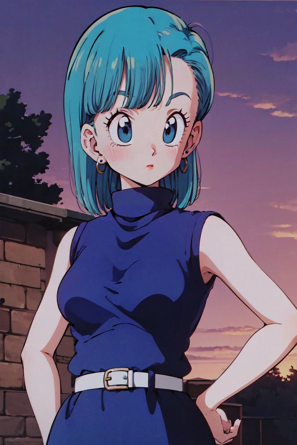 bulma \(dragonball\), aged_up, brick wall, turtleneck, dusk, cloud, 1girl, solo, medium hair, blue eyes, jewelry, earrings, outdoors, sleeveless, tree, aqua hair, makeup, lipstick, retro artstyle, 1990s \(style\), blue dress, expressionless, hand on hip, arm at side, looking to the side, medium breasts, upper body, fringe_trim, standing, eyebrows, eyelashes white belt, <lora:bulmaDragonBall:0.7>