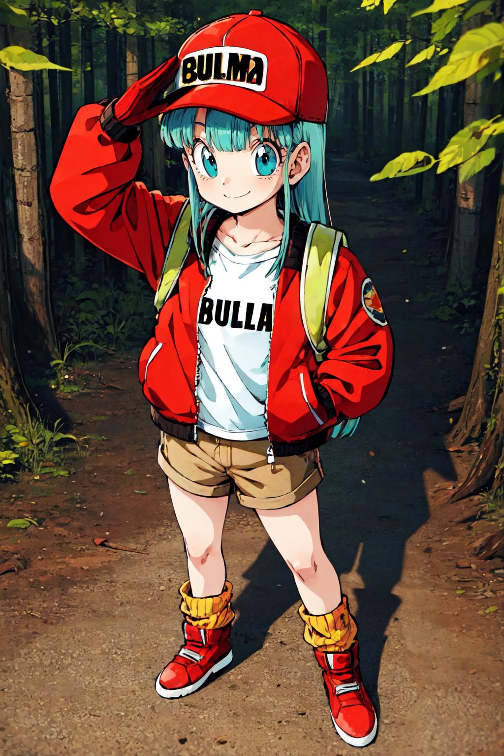 bulma \(dragonball\), 1girl, solo, looking at viewer, smile, bangs, blue eyes, nature, gloves, touching head, forest, closed mouth, aqua hair, standing, collarbone, looking up at viewer, jacket, full body, boots, shorts, character name, eyelashes, red footwear, straight hair, clothes writing, red jacket, brown gloves, zipper, arm at side, hand in pocket, salute, brown shorts, backpack, arm up, baseball cap, from above, loose socks, orange_legwear, fringe_trim, hat writing, raised eyebrows, small_breasts, shirt, white shirt, eyebrows<lora:bulmaDragonBall:0.7>