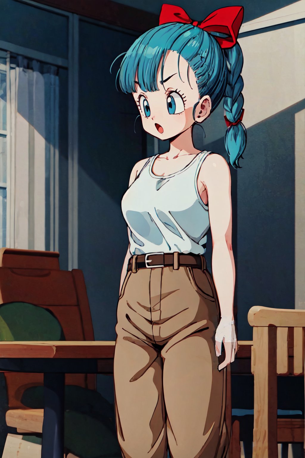 bulma \(dragonball\), 1girl, solo, long hair, open mouth, blue eyes, ribbon, aqua hair, hair ribbon, braid, boots, belt, pants, single braid, tank top, braided ponytail, white topwear, brown pants, brown footwear, jacket removed, table, chair, tongue, raised eyebrows, looking at another, medium breasts, collarbone, eyebrows, eyelashes, arms by side<lora:bulmaDragonBall:0.9>