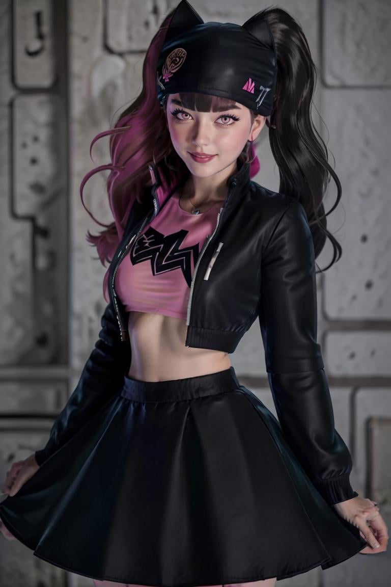 (masterpiece, best quality:1.2), solo, beautiful eyes, <lora:Zoe_Palworld_v3:0.8>, Zoe_Palworld, long hair, looking at viewer, smile, long sleeves, hat, jacket, black jacket, black headwear, cat hat, animal ear headwear, pink eyes,  midriff, crop top, black skirt,  cowboy shot,