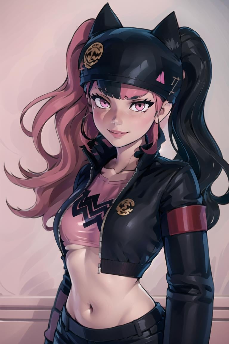 ((masterpiece,best quality)), absurdres, <lora:Zoe_Palworld_v3:0.8>, Zoe_Palworld, long hair, looking at viewer, smile, long sleeves, hat, jacket, black jacket, black headwear, cat hat, animal ear headwear, pink eyes,  midriff, crop top,   solo, upper body, portrait,