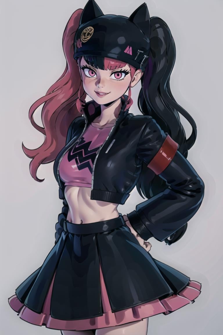 ((masterpiece,best quality)), absurdres, <lora:Zoe_Palworld_v3:0.8>, Zoe_Palworld, long hair, looking at viewer, smile, long sleeves, hat, jacket, black jacket, black headwear, cat hat, animal ear headwear, pink eyes,  midriff, crop top, black skirt,  solo, cowboy shot,