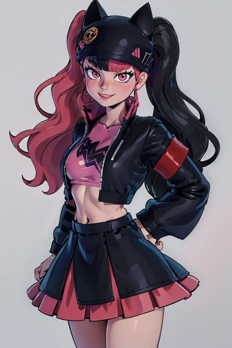 ((masterpiece,best quality)), absurdres,<lora:Zoe_Palworld_v3:0.8>,Zoe_Palworld, long hair, looking at viewer, smile, long sleeves, hat, jacket, black jacket, black headwear, cat hat, animal ear headwear, pink eyes, midriff, crop top,solo, smiling, looking at viewer, cowboy shot,