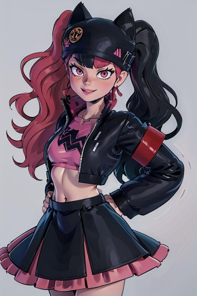 ((masterpiece,best quality)), absurdres,<lora:Zoe_Palworld_v3:0.8>,Zoe_Palworld, long hair, looking at viewer, smile, long sleeves, hat, jacket, black jacket, black headwear, cat hat, animal ear headwear, pink eyes, midriff, crop top, black skirt, solo, cowboy shot,