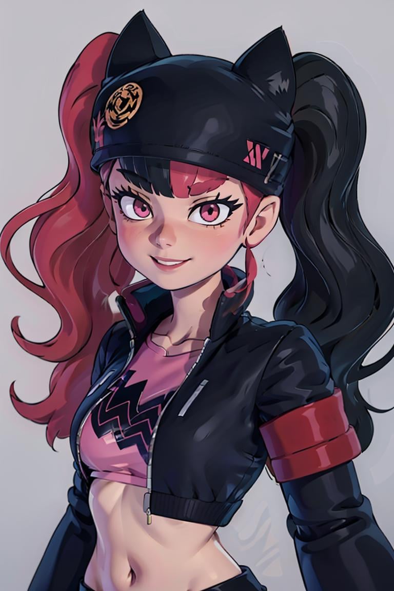 ((masterpiece,best quality)), absurdres,<lora:Zoe_Palworld_v3:0.8>,Zoe_Palworld, long hair, looking at viewer, smile, long sleeves, hat, jacket, black jacket, black headwear, cat hat, animal ear headwear, pink eyes, midriff, crop top,  solo, upper body, portrait, 