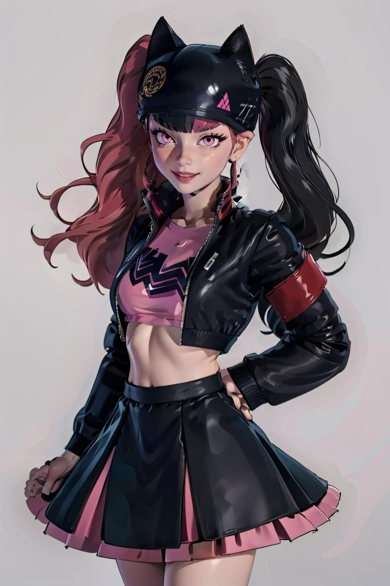 ((masterpiece,best quality)), absurdres, <lora:Zoe_Palworld_v3:0.8>, Zoe_Palworld, long hair, looking at viewer, smile, long sleeves, hat, jacket, black jacket, black headwear, cat hat, animal ear headwear, pink eyes,  midriff, crop top, black skirt,  solo, cowboy shot,