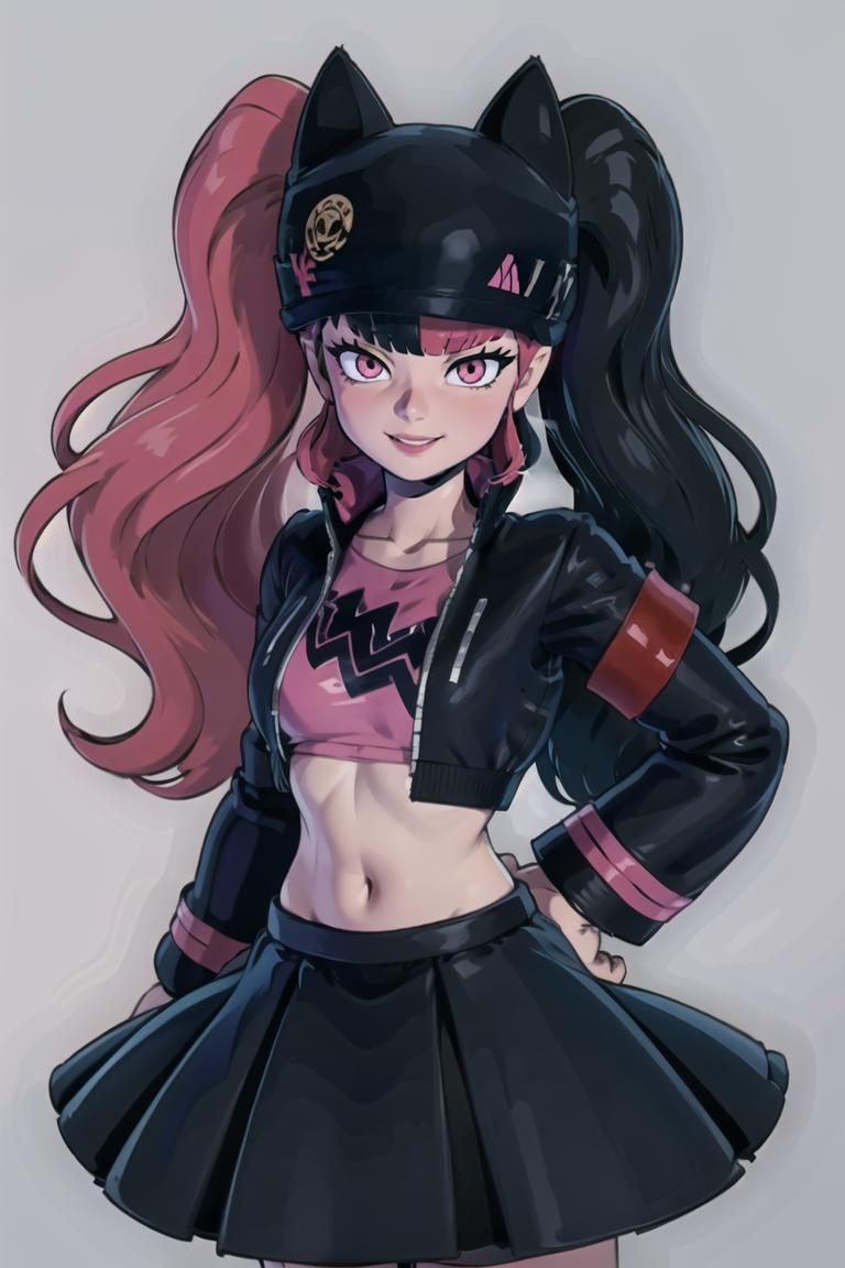 ((masterpiece,best quality)), absurdres, <lora:Zoe_Palworld_v3:0.8>, Zoe_Palworld, long hair, looking at viewer, smile, long sleeves, hat, jacket, black jacket, black headwear, cat hat, animal ear headwear, pink eyes,  midriff, crop top, black skirt,  solo, cowboy shot,