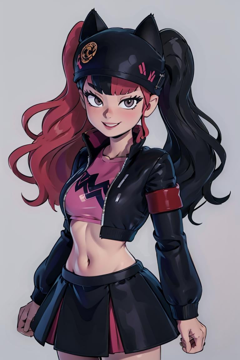 ((masterpiece,best quality)), absurdres,<lora:Zoe_Palworld_v3:0.8>,Zoe_Palworld, long hair, looking at viewer, smile, long sleeves, hat, jacket, black jacket, black headwear, cat hat, animal ear headwear, midriff, crop top, solo, smiling, looking at viewer, cowboy shot,