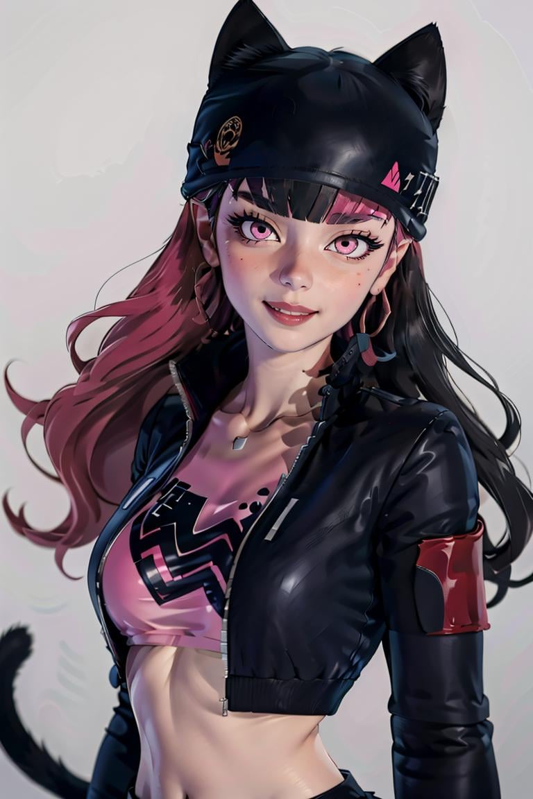 ((masterpiece,best quality)), absurdres, <lora:Zoe_Palworld_v3:0.8>, Zoe_Palworld, long hair, looking at viewer, smile, long sleeves, hat, jacket, black jacket, black headwear, cat hat, animal ear headwear, pink eyes,  midriff, crop top,   solo, upper body, portrait,