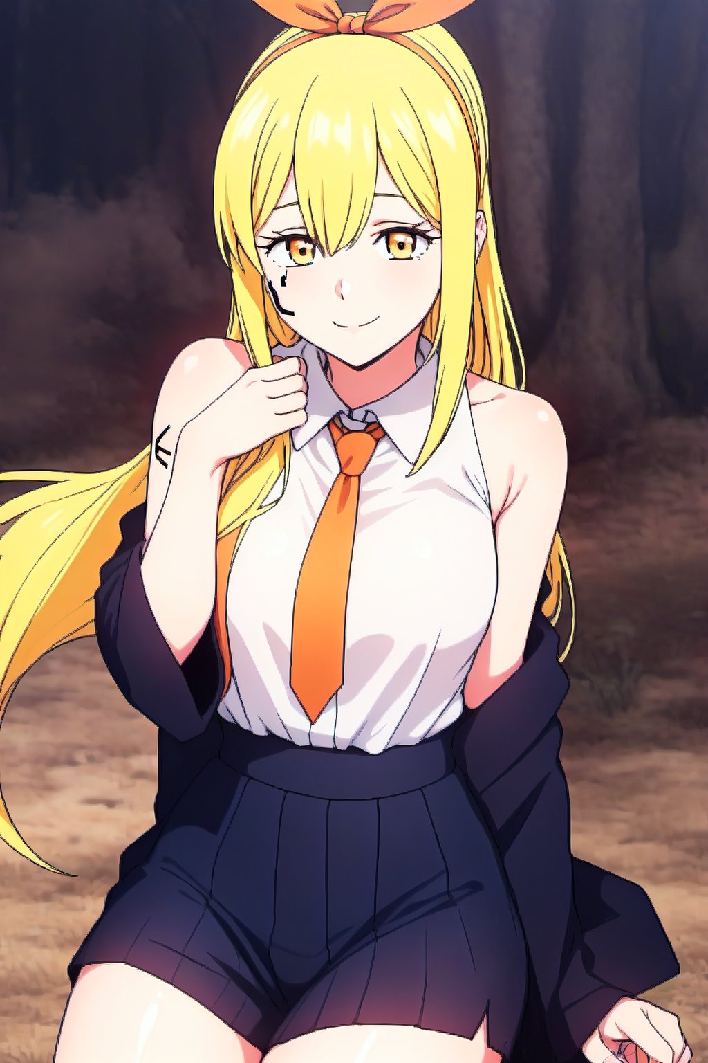 beautiful, masterpiece, HD, best quality, extremely detailed face, masterpiece, 1girl, descensored, 1woman, best quality, ultra-detailed, wole body, view at spectator, bow in hair, yellow hair, long hair, mark under right eye, magician clothing, blue tunic, white shirt, red tie, sexy pose, school background ,lemonirvinev1, beautiful face, smile, close mouth, full wole, full body image, perfect body, thighs, 1girl, solo, medium breasts, scar under the right eye, tattoo under the right eye, perfect hands, orange ribbon,