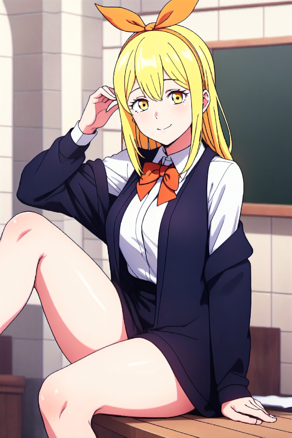 beautiful, masterpiece, HD, best quality, extremely detailed face, masterpiece, 1girl, descensored, 1woman, best quality, ultra-detailed, wole body, view at spectator, bow in hair, yellow hair, long hair, mark under right eye, magician clothing, blue tunic, white shirt, red tie, sexy pose, school background ,lemonirvinev1, beautiful face, sitting, smile, close mouth, full wole, full body image, perfect body, thighs, 1girl, solo, medium breasts, 