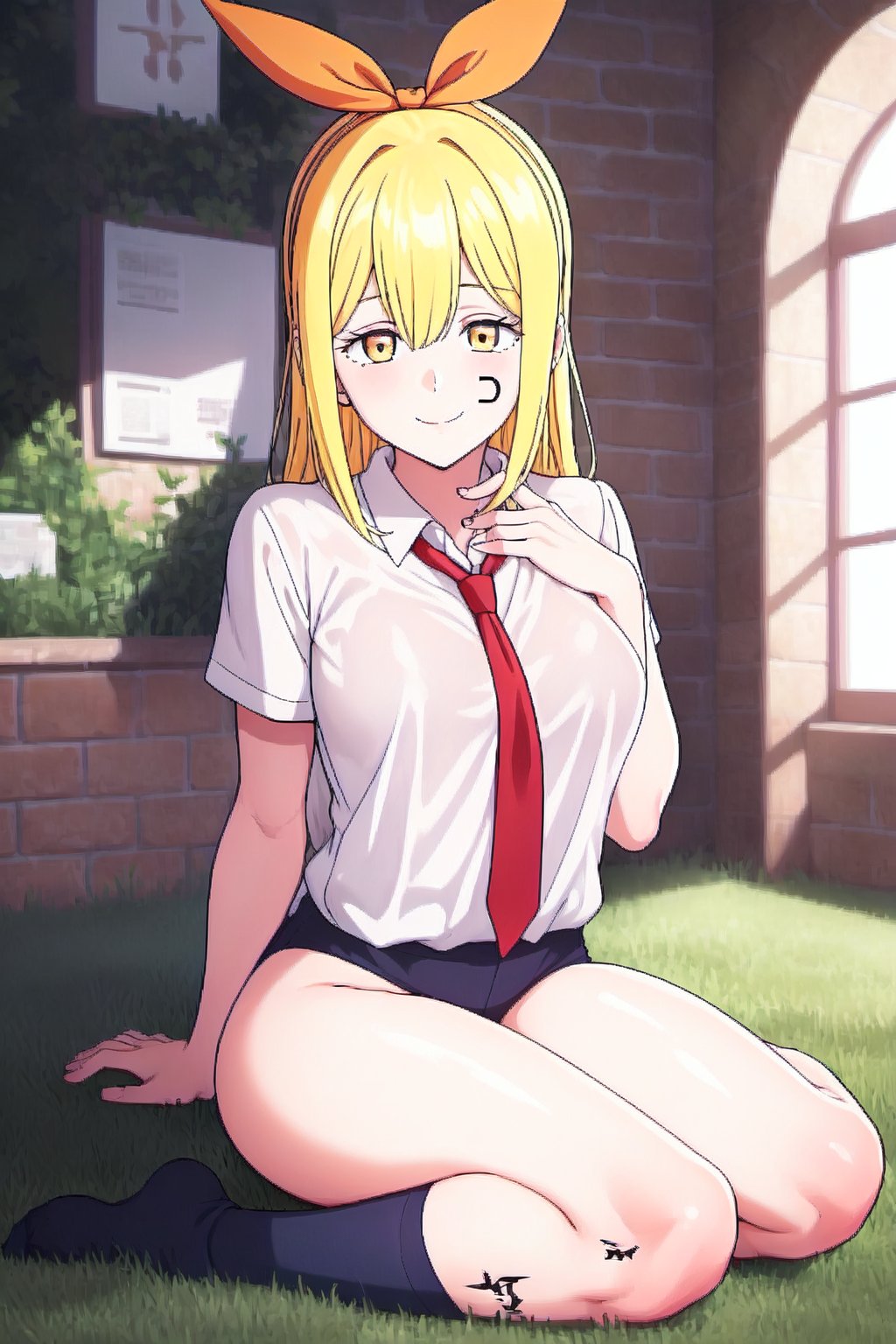 beautiful, masterpiece, HD, best quality, extremely detailed face, masterpiece, 1girl, descensored, 1woman, best quality, ultra-detailed, wole body, view at spectator, bow in hair, yellow hair, long hair, mark under right eye, magician clothing, blue tunic, white shirt, red tie, sexy pose, school background ,lemonirvinev1, beautiful face, sitting, smile, close mouth, full wole, full body image, perfect body, thighs, 1girl, solo, medium breasts, scar under the eye, tattoo under the right eye, 