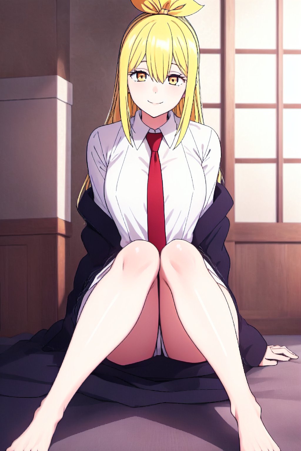 beautiful, masterpiece, HD, best quality, extremely detailed face, masterpiece, 1girl, descensored, 1woman, best quality, ultra-detailed, wole body, view at spectator, bow in hair, yellow hair, long hair, mark under right eye, magician clothing, blue tunic, white shirt, red tie, sexy pose, school background ,lemonirvinev1, beautiful face, sitting, smile, close mouth, full wole, full body image, perfect body, thighs, 1girl, solo, medium breasts, scar under the right eye, tattoo under the right eye,