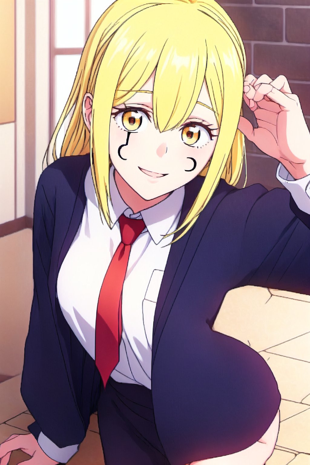 beautiful, masterpiece, HD, best quality, extremely detailed face, masterpiece, 1girl, descensored, 1woman, best quality, ultra-detailed, wole body, view at spectator, bow in hair, yellow hair, long hair, mark under right eye, magician clothing, blue tunic, white shirt, red tie, sexy pose, school background ,lemonirvinev1, beautiful face, smile, close mouth, full wole, full body image, perfect body, thighs, 1girl, solo, medium breasts, scar under the right eye, tattoo under the right eye,