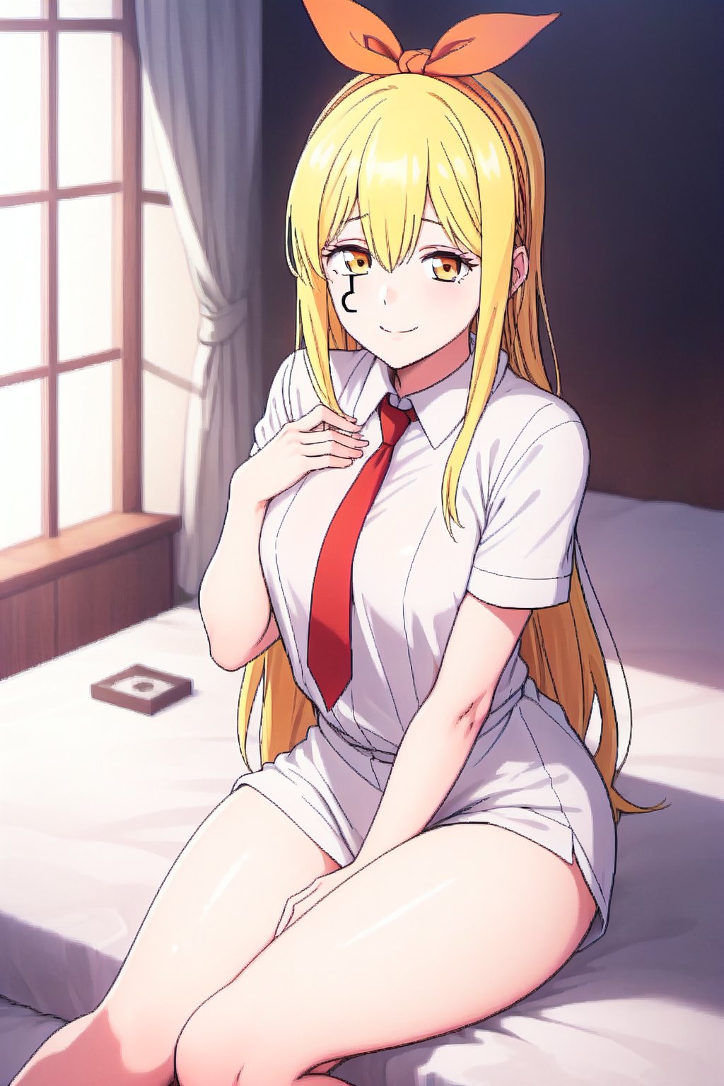 beautiful, masterpiece, HD, best quality, extremely detailed face, masterpiece, 1girl, descensored, 1woman, best quality, ultra-detailed, wole body, view at spectator, bow in hair, yellow hair, long hair, mark under right eye, magician clothing, blue tunic, white shirt, red tie, sexy pose, school background ,lemonirvinev1, beautiful face, sitting, smile, close mouth, full wole, full body image, perfect body, thighs, 1girl, solo, medium breasts, scar under the eye, tattoo under the right eye, 