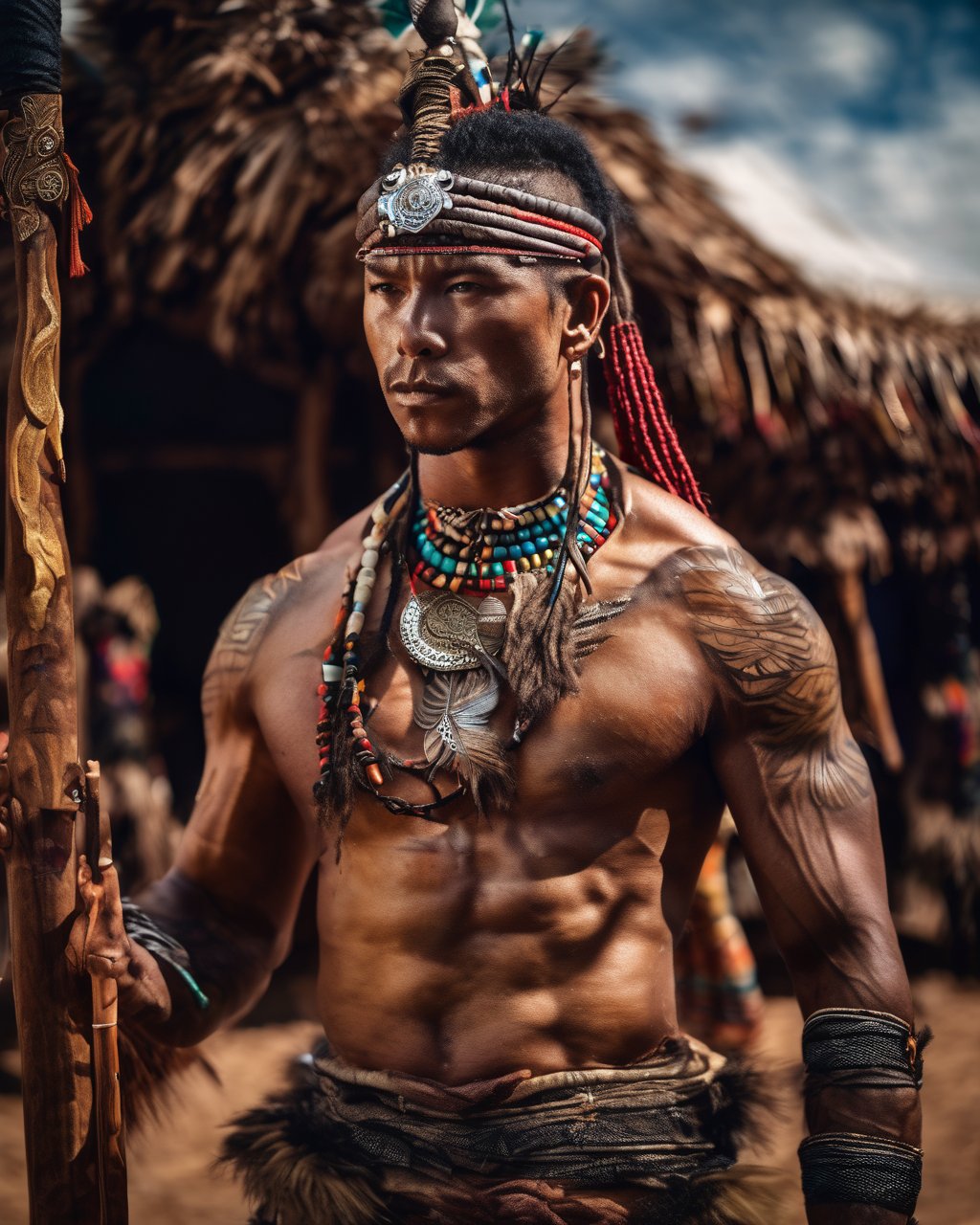 tribal style Full-length photo,(muscle human male :0.8),combat posture,Surrealism,from below,Surrealism,backlighting,backlighting,cinematic lighting,8k,super detail,high quality,high details,UHD,award winning,anatomically correct,UHD,retina,masterpiece,ccurate,anatomically correct,textured skin:0.1),super detail,award winning,best quality,high quality,high details,16k,(moose horn:-0.2),(back:0.5),realistic style,fullbody,( god statues in the background:0.9),(dynamic posture:1.3),random posture,(bold colors:1.1),expressive,(bare foot:0.9),(. indigenous:0.9),ethnic,traditional patterns,bold,natural colors,highly detailed,