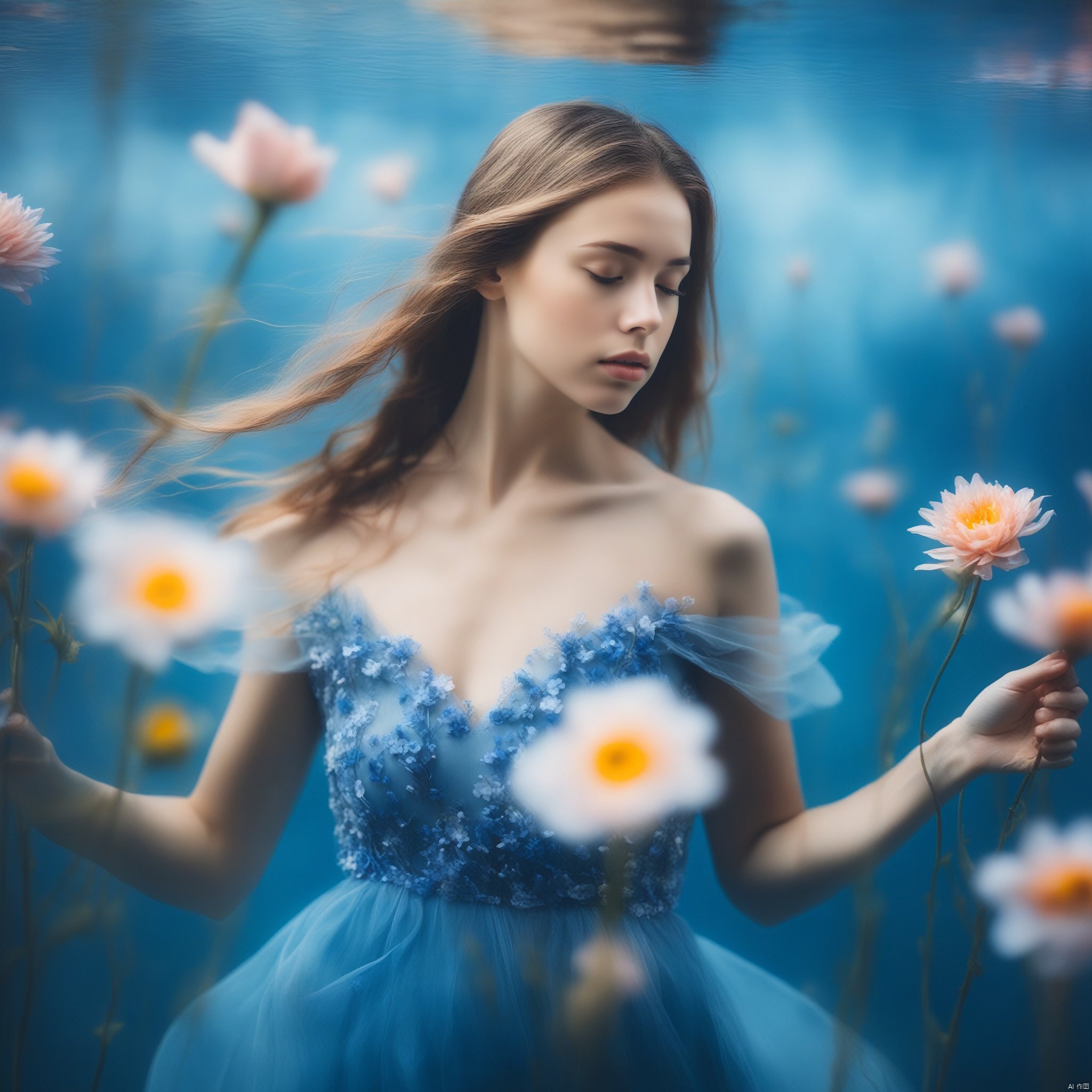 1girl, standing, upperbody, under water, longexposure , in the style of ethereal portraiture, selective focus,  flowers dress, in the middle of blue water, flower around