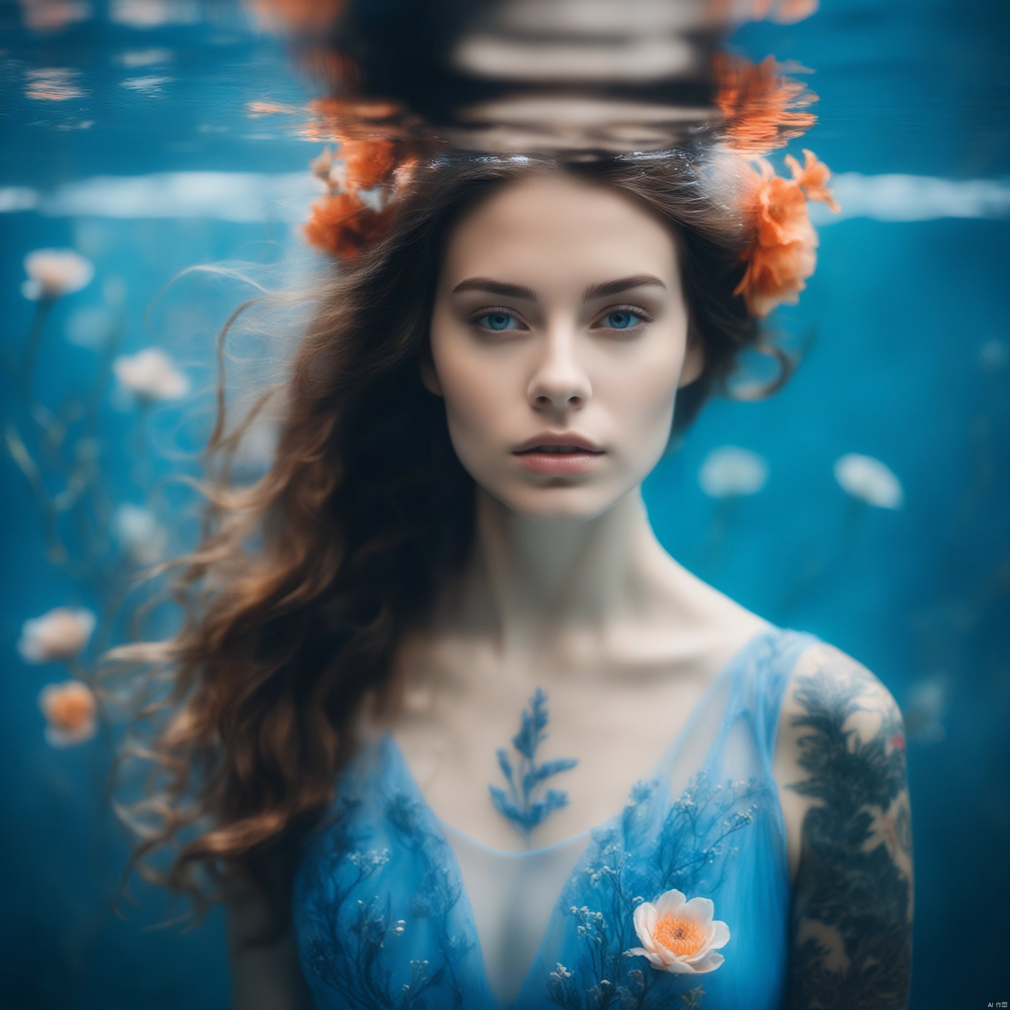 1girl, standing, upperbody, under water, longexposure , in the style of ethereal portraiture, selective focus,  flowers dress, in the middle of blue water, tattoo