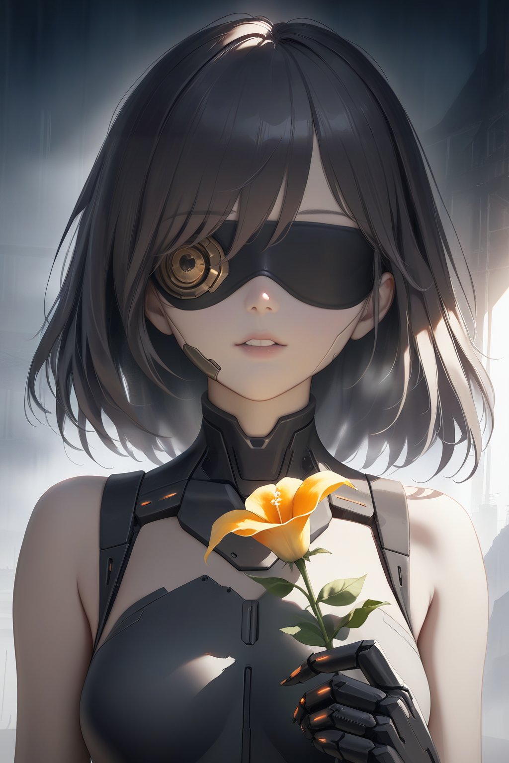 A mechanical girl in A ruined city full of fog,Simple mech,A ray of Warm sunlight shone on the mechanical girl,cyborg,blindfold,Hold a flower,Realistic light and shadow,Realistic,（shadow：1.2）,Dark tones,Medium body,warm ray of warm light,masterpiece, best quality, aesthetic,close-up