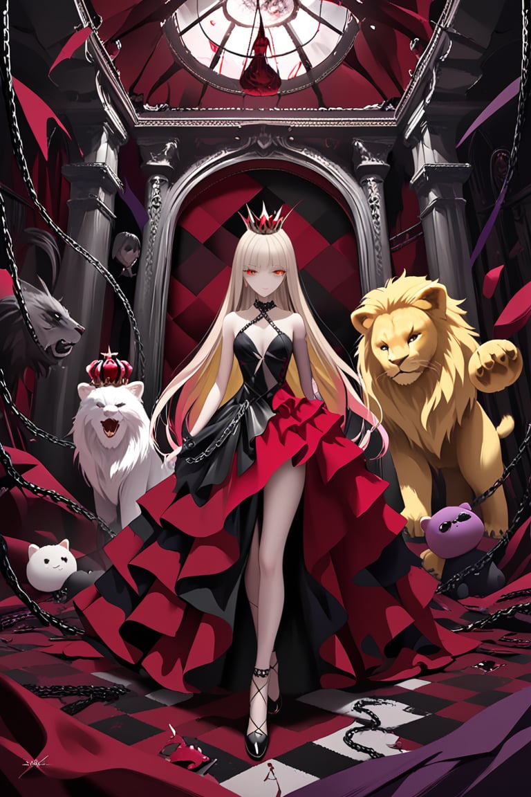 Anime art, dynamic, ((masterpiece,best quality)),A queen of the cirque over the dark and twisted realm, Wore a dress made of wool+leather+and chain, ((a patchwork of colors and textures)), (clash and contrast), (intricate Crown).
She stand against luxurious leather background, surrounded by her chaotic madness: a stuffed lions, a broken mirror, a pile of dolls that whisper secrets.
Cinematic shot, (dynamic, crazy gestured), fashionable, royal&glamorous, gloomy&dangerous,
Creative!!!Sickening!!!, Dark Fashion, Vintage, Luxurious, (Chaos:1.4), Surrealism, FusionArt, Epic composition, Rich color, ((Dark-red&Yellow-mustard&Beige)), LifeLike features, Detailed artwork