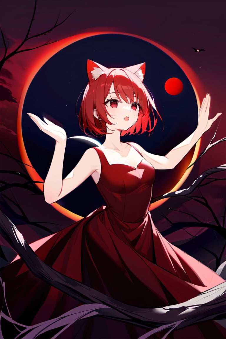 ((High Quality)), ((Masterpiece)), ((Boutique)), (((long shot))), ((overlay)),, stunning scene, solo, girl, redhead, short hair, cat ears, wearing red evening dress, Sitting on a tree branch, ((solar eclipse)), looking at the sky, ((dark purple and dark red sky)), ((black sun)), the sun is partially covered by the shadow of the moon, casting a charming light, full of Amazement and awe, red hair gently swaying in the breeze, solar eclipse is delicately depicted, girl's pose and expression reflect a feeling of serenity and awe, testifying to the beauty and grandeur of the universe