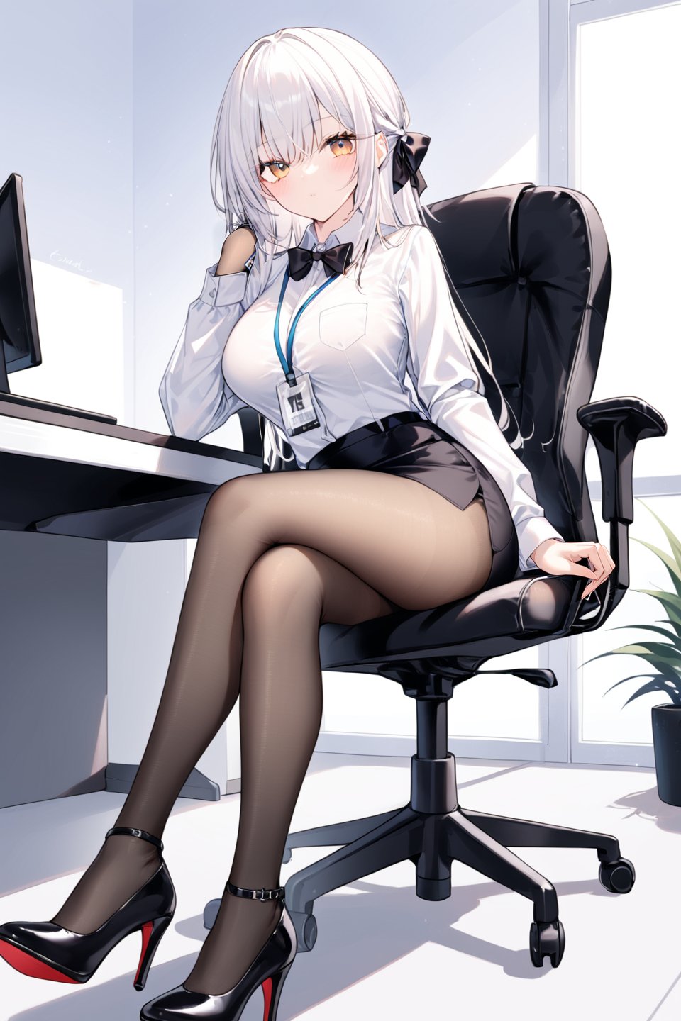 Extreme detailed, (masterful), 1girl, solo, breasts, looking at viewer, blush, skirt, shirt, long sleeves, sitting, closed mouth, white shirt, pantyhose, thighs, collared shirt, miniskirt, black skirt, black footwear, high heels, legs, black pantyhose, dress shirt, chair, crossed legs, pencil skirt, office lady, id card, lanyard, office chair, (bow), white hair, claraval