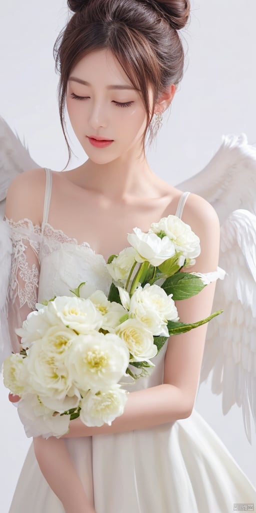  1girl, solo, simple background, black hair, holding, bare shoulders, jewelry, closed mouth, closed eyes, upper body, flower, earrings, hair bun, lips, single hair bun, white flower, realistic, holding flower
feathered wings, angel wings, white wings