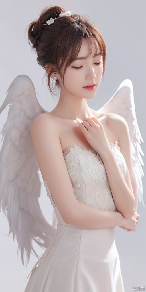  1girl, solo, simple background, black hair, holding, bare shoulders, jewelry, closed mouth, closed eyes, upper body, flower, earrings, hair bun, lips, single hair bun, white flower, realistic, holding flower
feathered wings, angel wings, white wings