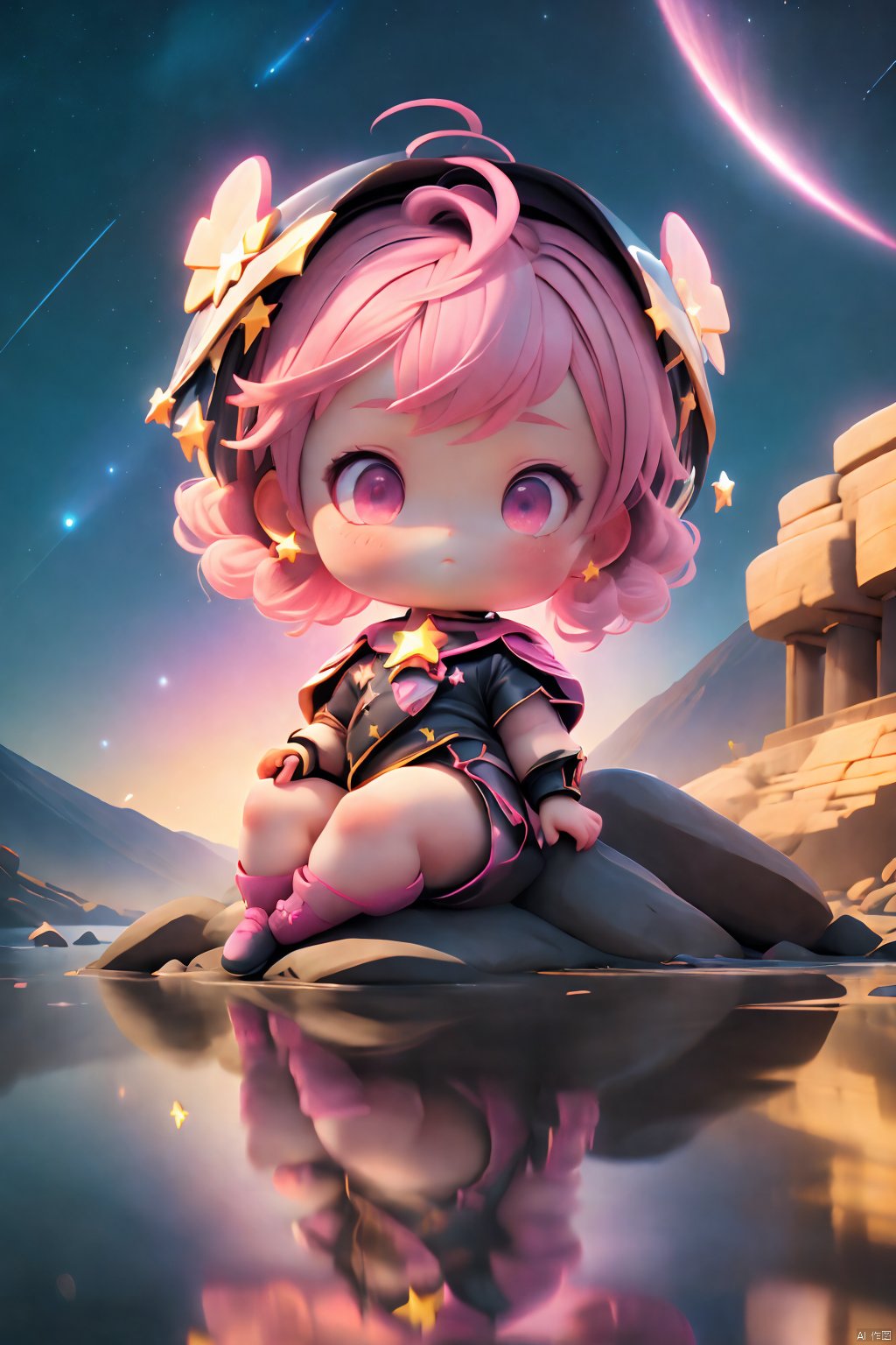 (Masterpiece: 1.2),  Best Quality,  1 Girl,  Short Pink Hair,  Pink Eyes,  (Heads Up),  Sharp Hair,  Sitting,  Rock,  River,  ((Reflection,  Night,  star_ (Sky)))),<lora:EMS-271560-EMS:0.110000>,<lora:EMS-272061-EMS:0.660000>,<lora:EMS-270708-EMS:0.010000>,<lora:EMS-272995-EMS:0.110000>,<lora:EMS-78361-EMS:0.100000>,<lora:EMS-269271-EMS:0.100000>