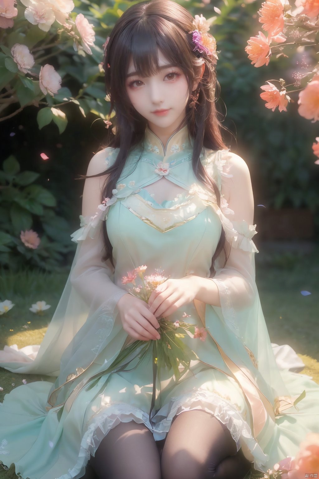  1girl,yuzu,qingsha,medium shot,solo,emotional_face,flower dress,flower armor,looking_at_viewer,green_theme,colorful blooming flowers,forming a dreamlike world,flower_garden,flowers everywhere,greens,pinks,bokeh,cinematic,exposure blend,(teal and orange:0.85),(muted_colors, dim_colors, soothing_tones:1.3),high contrast,low saturation,(Canon RF 85mm f/1.2L),tifa,huolinger,glint sparkle,pantyhose,xinniang,eyesseye,21yo girl,ajkds,yunbin,