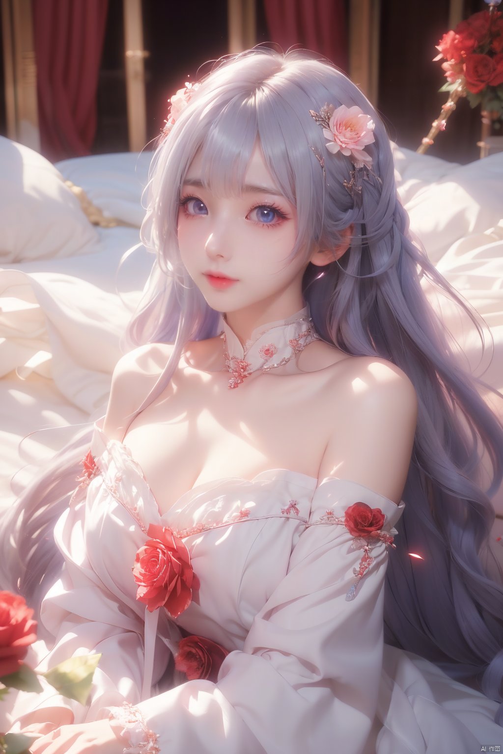  1girl, solo, red flower, flower, blue eyes, long hair, holding flower, holding, rose, dress, petals, hair ornament, red rose, lying, long sleeves, white hair, on back, white dress, looking at viewer, choker, parted lips, bare shoulders, blush, bangs, off shoulder, black choker, hair flower, off-shoulder dress, very long hair, collarbone, puffy long sleeves, puffy sleeves, rose petals, hair between eyes,eyesseye, dofas, crystal, yunbin, qianjin, christmas