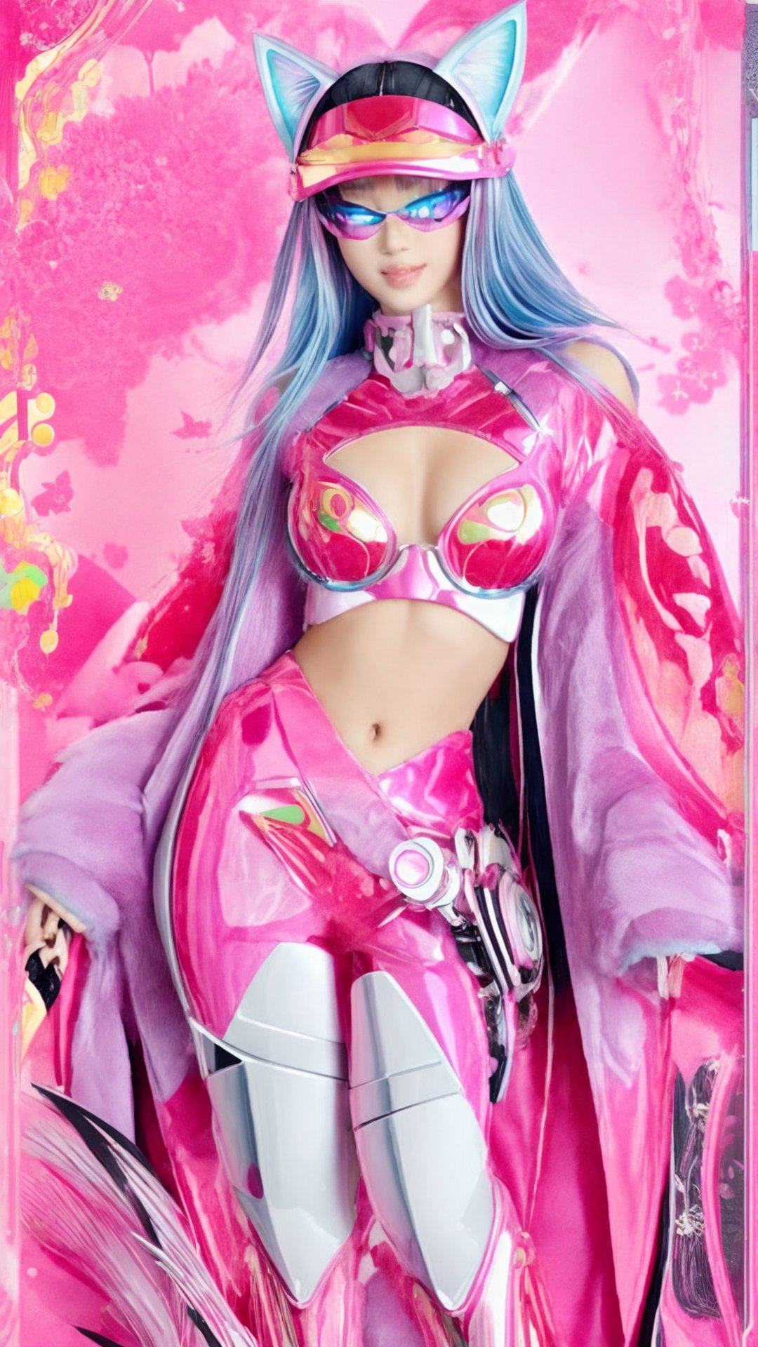 1girl, full body,idol smile,ultra Realistic anime, futuristic cyborg idol with cute mechanical cat ears, vibrant color palette, large expressive eyes,(Wearing Transparent high-tech Cyber Visor),high-tech cyborg body, and an extravagant kimono inspired by the vibrant hues of a courtesan's attire,Fascinating and Curvy body line, design should seamlessly blend technological elements with a playful feline charm, creating a visually striking and captivating image. Emphasize intricate details in both the cyborg features and the kimono, ensuring a harmonious fusion of futuristic aesthetics and traditional elegance. The overall composition should radiate vivacity and charm, making it an iconic representation of a kawaii cyber idol with a touch of floral allure