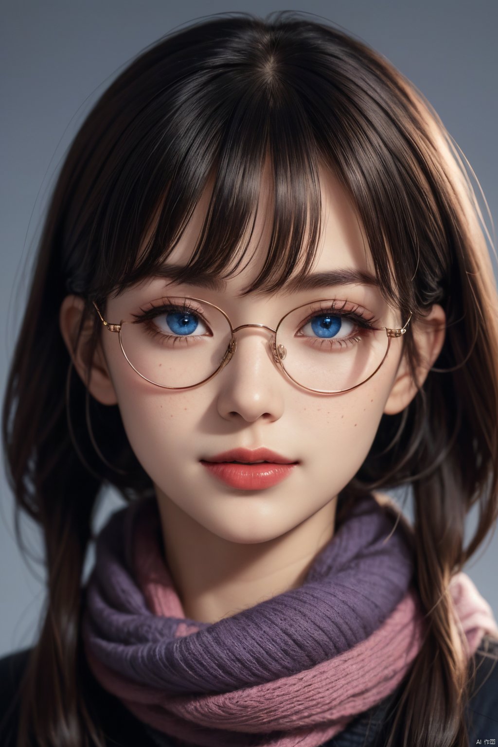  1girl, blue eyes, black hair, realistic, scarf, looking at viewer, twintails, solo, glasses, lips, long hair, portrait, nose, closed mouth, sunglasses, red-framed eyewear, solo focus, finger to mouth, simple background, traditional media, pov, purple scarf, eyelashes, tinted eyewear, close-up, mole, blue background, bangs, signature, upper body, adjusting eyewear, goggles, parted lips, out of frame, red lips, hair between eyes, pov hands, open mouth, blush, makeup, brown hair, grey background, eye focus, lipstick, smile, expressionless, eyewear on head, parted bangs, semi-rimless eyewear, mole under mouth, poking, blurry, freckles, red scarf, looking over eyewear, breasts, blue hair, reflection, two side up, mole under eye, short hair, round eyewear, biting, short twintails, ribbon, painterly, pointing, hand up, pink-framed eyewear , realistic details, surrealistic, sense of reality, very realistic, very realistic, intense contrast of light and shadow