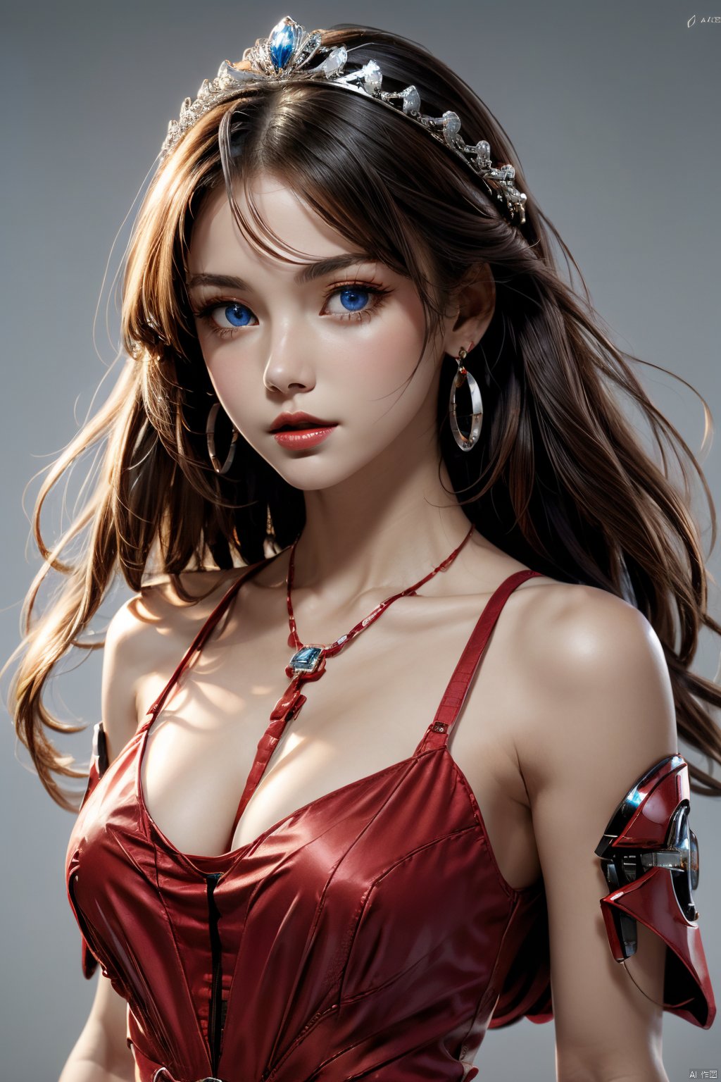  tm, 1girl in red, solo, long whiter hair, blue eyes, earrings, jewelry, dress, grey background, tiara, realistic, ((battlefield)), red dress, lips, looking at viewer, see-through, upper body, bare shoulders, red dress, collarbone, CGArt Illustrator, Mecha