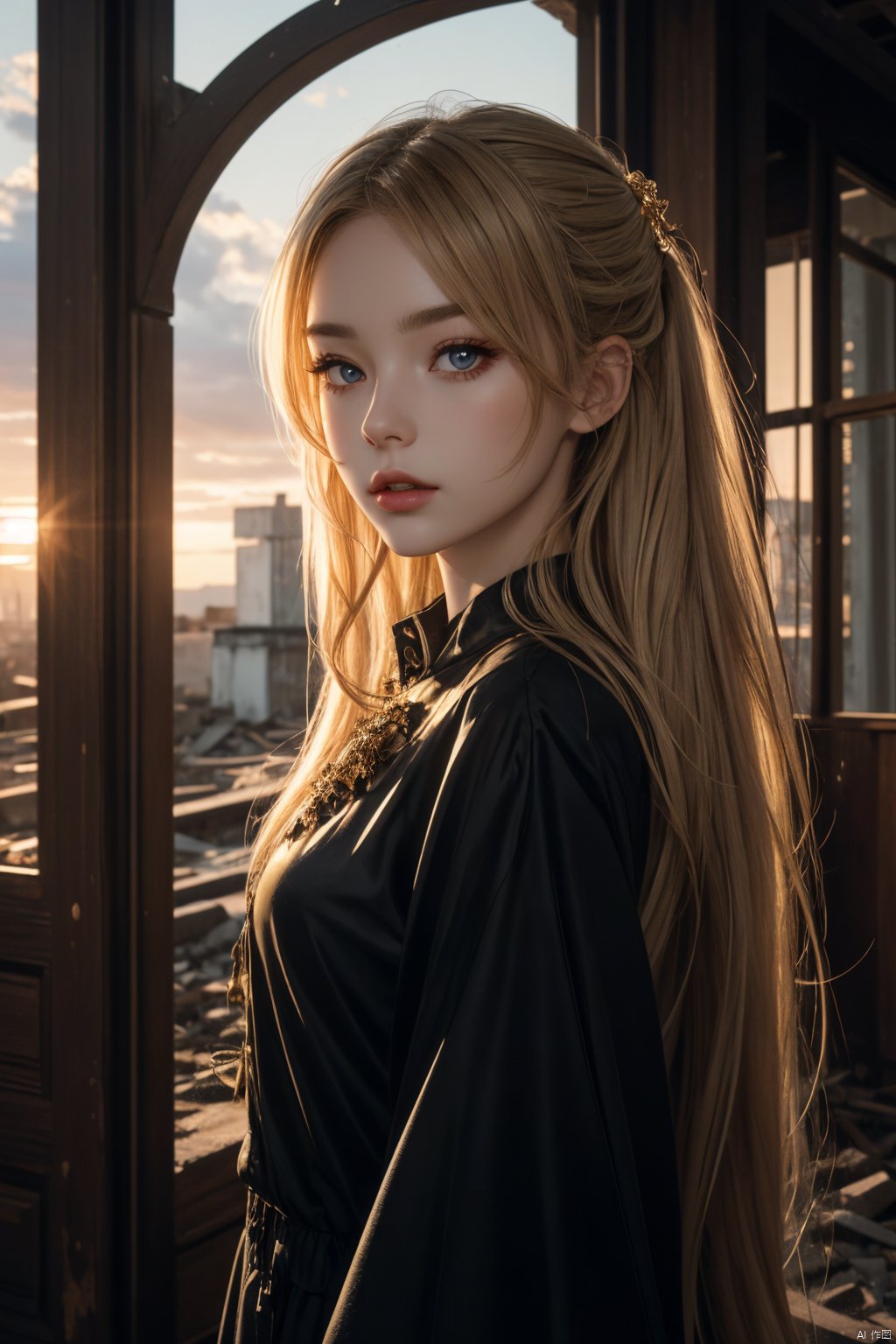  masterpiece,illustration,best quality,extremely detailed CG unity 8k wallpaper,original,high resolution,oversized documents,portrait,extremely delicate and beautiful girl,1girl,solo,messy hair,hair flowing in the wind,blonde hair,very long hair,beautiful detail eyes,jewel eyes,glowing circle pupils,golden eyes,good lighting,ray tracing,sparkling,abandoned building,on ruins,staring at sunset at dusk,depth of field,profile,