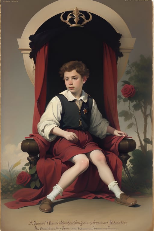 17yo, 1734 medieval French teenguy . Sitting on Throne. field of roses. intricate details, 