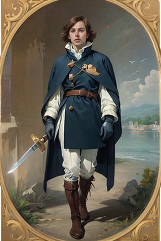 19yo French guy. D'Artagnan Musketeer. (dark-wine French:Tabard, sword, cape,   coat, leggings, high boots, leather gloves, royal insignia, embroidery, gold ornaments) , lace, elegance, Renaissance style, vivid colors, distinctive uniform, status symbol, impeccable dress, nobility, gallant bearing. Versailles blurry landscape, Baroque, Dark, Light, art