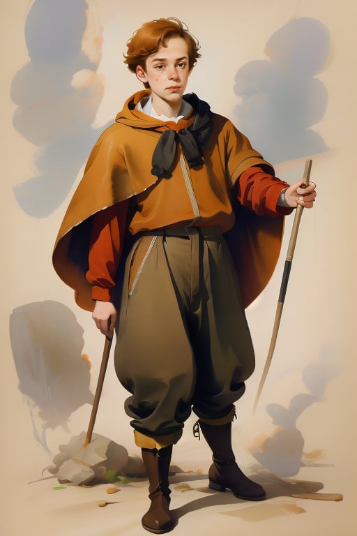 Medieval. Cape. black legging pants, Male boy, dark-red tunic, boots, male character, Dandi, Drawing, Thick Outline, Ginger hair. Freckles. Pale skin. Concave nose