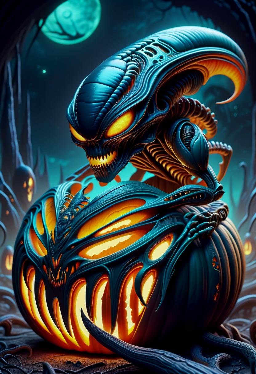 hyper detailed masterpiece, dynamic realistic digital art, awesome quality,DonMX3n0XL,pumpkin carving, glow-in-the-dark carving, abstract design, spooky, bio organic alien, eerie glow <lora:DonMX3n0XL-000008:0.8>