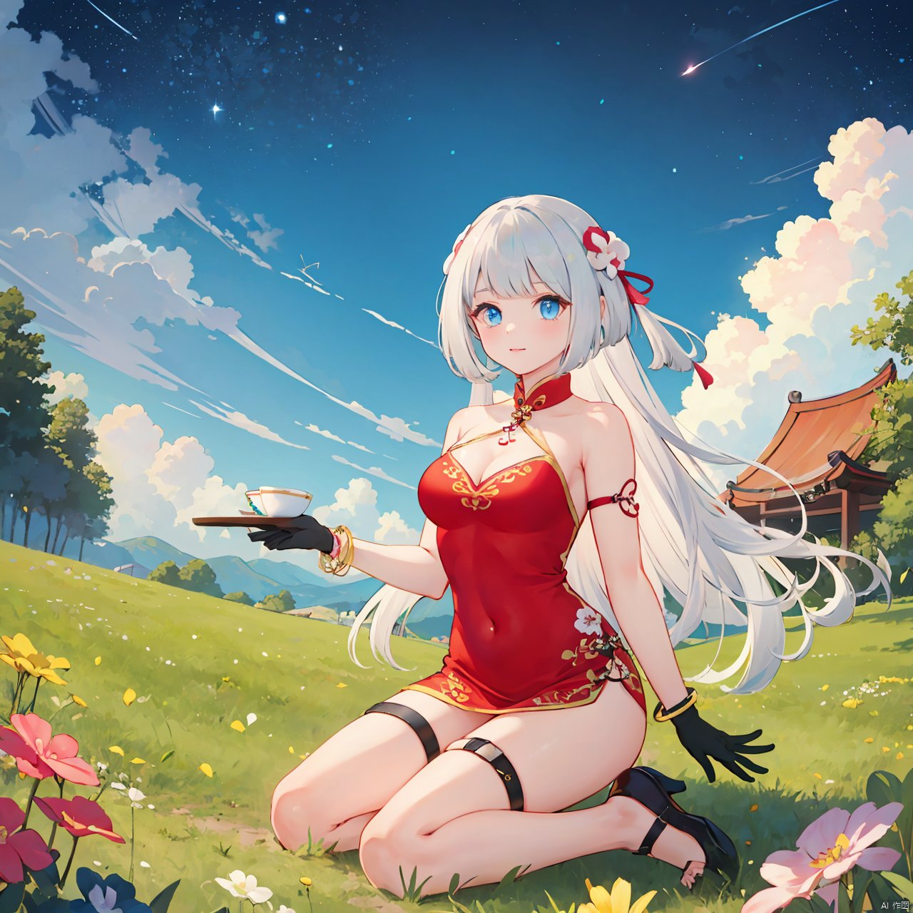 tian_qi_ji, 1girl, solo, long hair, braid, grey hair, medium breasts, bangs, blue eyes, gloves, dress, ribbon, cleavage, bare shoulders, jewelry, black footwear, bracelet, bare legs, covered navel, thigh strap, chinese clothes, red dress,

days, cloudy, stars, in a meadow, the top of the hill,